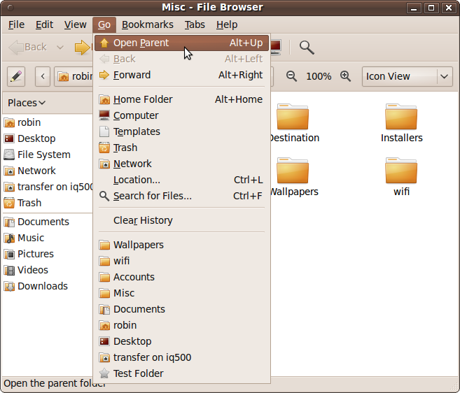 The file browser Go menu