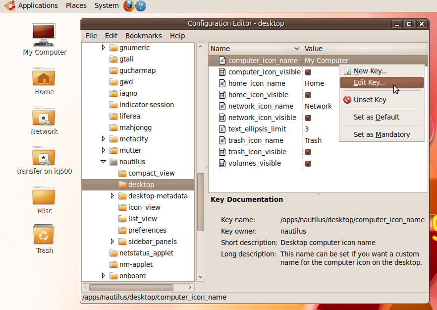 The Configuration Editor, in which a key is about to be edited