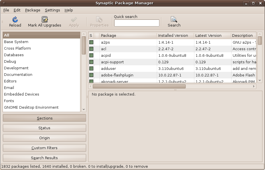 The Synaptic Package Manager main screen