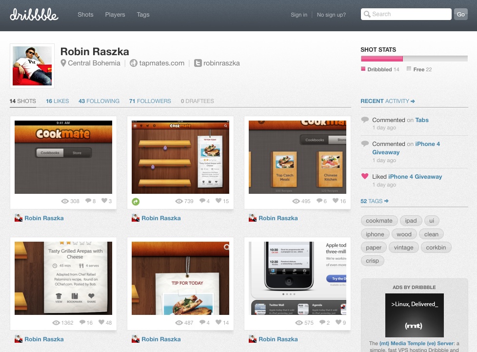 Dribbble portfolio page for Robin Raszka of tapmates