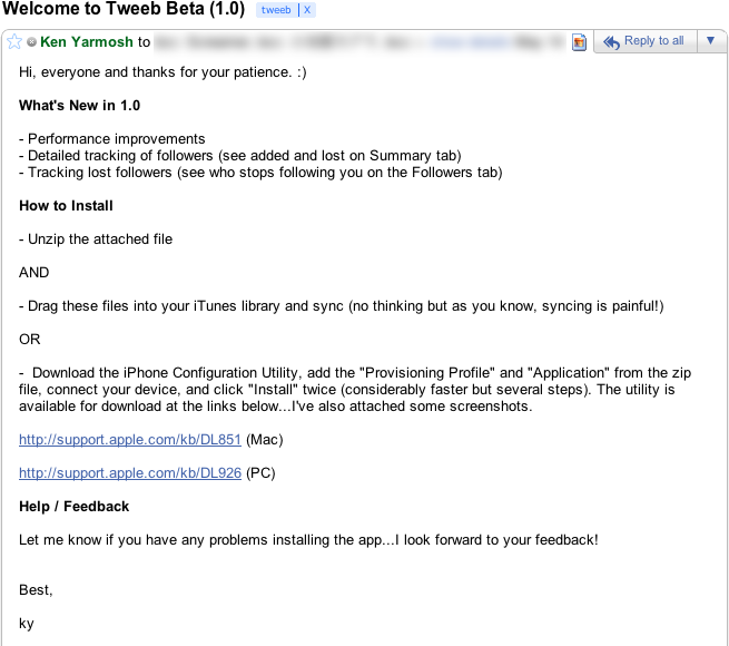 Release notes and installation instructions email for the Tweeb beta testers