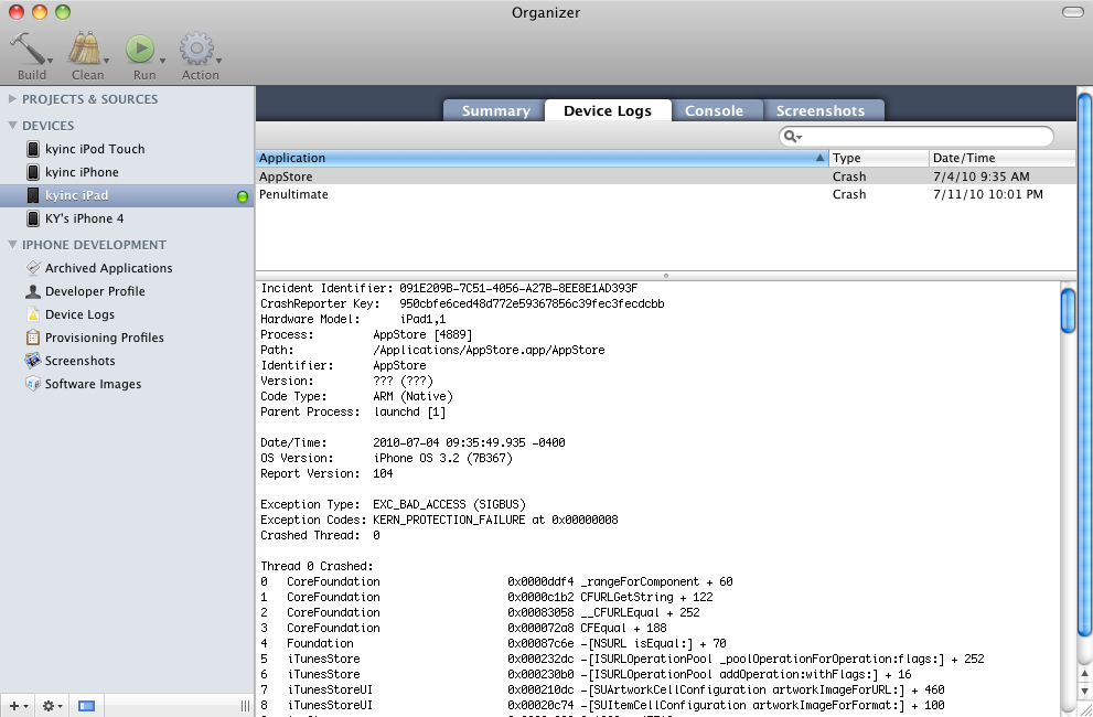 Organizer’s crash logs