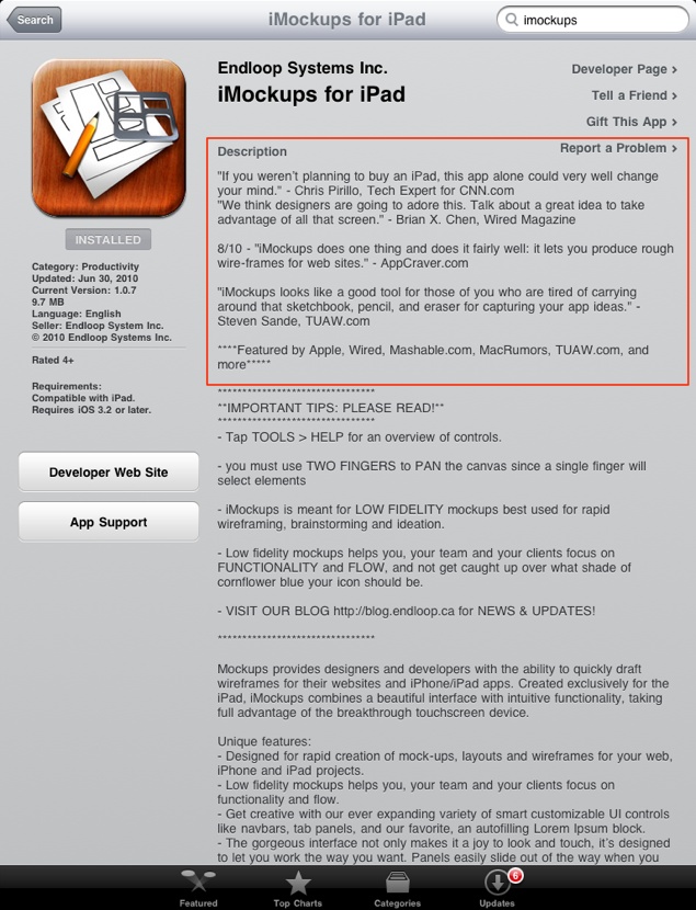The Endloop team’s method of highlighting press about iMockups in its App Store listing