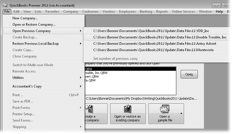 To open a company file you’ve worked on recently, select it on the Open Previous Company submenu. If the No Company Open window is visible (you can see part of it here), you can open recent files by double-clicking one of the filenames in the list of recently opened files. (Opening a sample file is the only task that the No Company Open window performs that you can’t do from the File menu.)