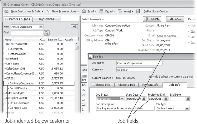 When you select a job in the Customer Center (jobs are indented below their customers), the Job Information section of the window displays Job Status, Start Date, Projected End, and End Date. If you want to edit info you’ve entered for a job, double-click a job’s name in the left-hand list to open the Edit Job dialog box.