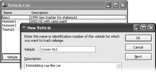 QuickBooks doesn’t want to know much about company vehicles. All you have to do is give the vehicle a name. You can add any details you want in the Description box. After you click OK, the vehicle takes its place in the Vehicle List (shown in the background).