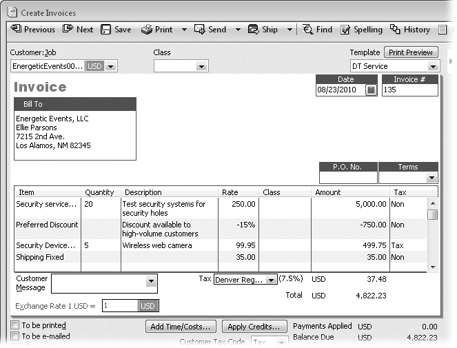 If you’re still getting used to double-entry accounting, balancing the debit and credit amounts for an invoice is a brainteaser. For example, the items for services and products in the invoice shown here turn up as credits in your income accounts, as in Table 10-2. The discount reduces your income so it’s a debit to the Sales Discounts income account. Although the debits and credits appear in different accounts, the total debit has to equal the total credit.