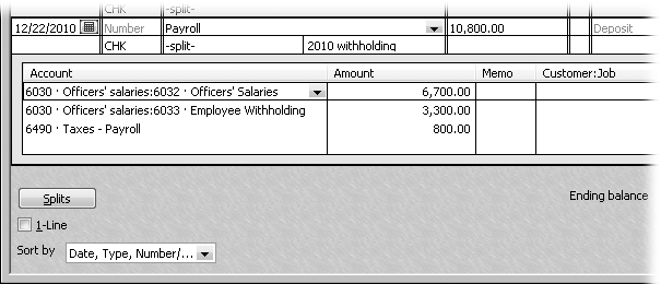 In most cases, your payroll falls into three categories: Salaries and wages represent the net pay that employees receive from their paychecks. Employee withholdings are the taxes withheld from employees’ paychecks like federal and state income taxes, Social Security and Medicare contributions, and local taxes. And payroll taxes are the taxes that your company pays, such as Social Security and Medicare. If you also pay officers’ salaries, you can add expense accounts for their salaries and withholdings, as shown here.