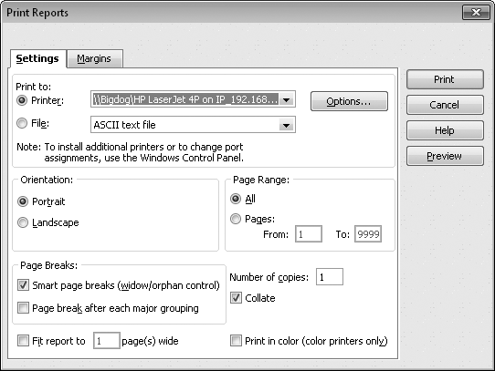 Select the Printer option and then, in the Printer drop-down list, choose the printer to which you want to send the report. You can print reports in portrait or landscape orientation, and specify the pages you want to print, how many copies to print, where you want page breaks, and whether to print in color. If a report is a bit too wide to fit on one page, turn on the “Fit report to” checkbox, which forces the report onto one (or more) pages.