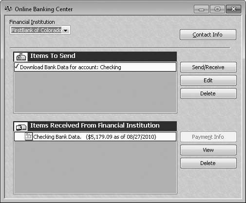 If you have online services with more than one bank (your checking account with one bank and a credit card with another, say), in the Financial Institution drop-down list, choose one to connect to. QuickBooks automatically selects all requests (like downloading your transactions) in the Items To Send box. If you don’t want to send an item, uncheck it. Click the Send/Receive button to send the selected requests and connect to the bank’s website. In the “Access to <your bank>” dialog box, type your password or PIN, and then click OK.