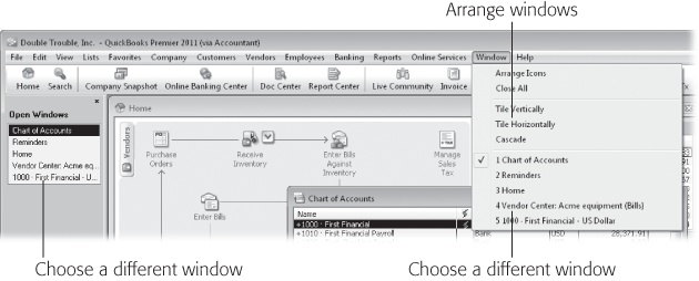 The Multiple Windows option displays several windows at the same time. In this mode, you can click a window to bring it to the front, reposition windows by dragging their title bars, or resize windows by dragging their edges and corners.