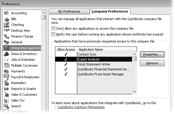 Initially, only the QuickBooks administrator can give programs access rights, but the administrator can grant other users that same power (page 654). If you want to find applications that work closely with QuickBooks, click the QuickBooks Solutions Marketplace link on the Integrated Applications Company Preferences tab. The box on page 609 explains other ways to find third-party applications.