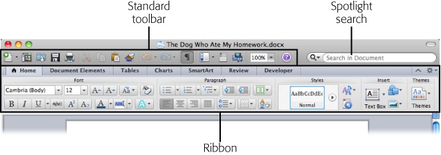 Open an Office document, and you’re greeted by the new ribbon, which replaces multiple, floating toolbars. Need more screen real estate? You can minimize the ribbon or hide it entirely. If you’re searching through a big document, use the Spotlight box right there in the upper-right corner.