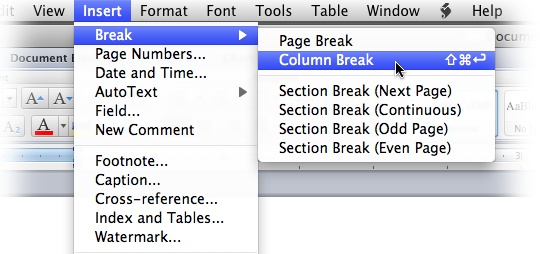 When you read “Choose Insert→Break→Column Break” in a Missing Manual, that means: “Click the Insert menu to open it; click Break in that menu; choose Column Break in the resulting submenu.”