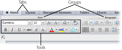 The ribbon has three elements: Tabs, Groups, and Tools. In this book, you’ll always know when a command applies to the ribbon because there’s a vertical bar between the Tab and Group names as in Home | Font→Cambria.