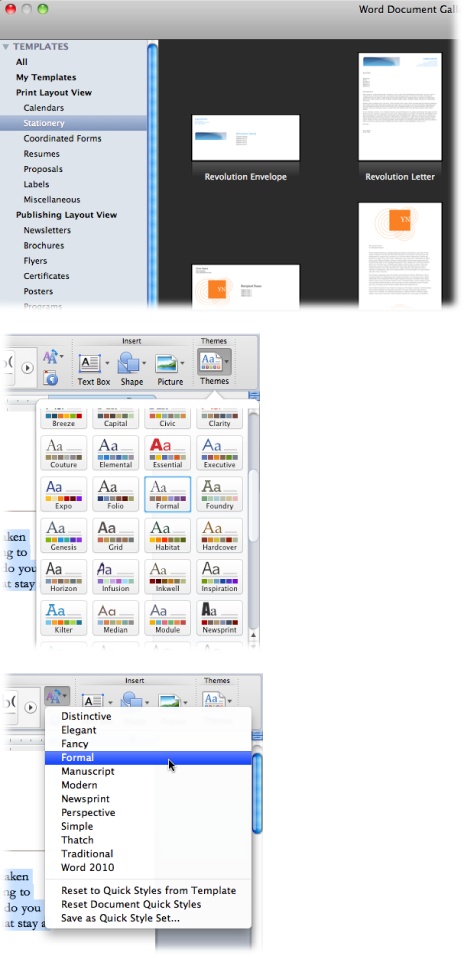 For the quickest route to a well-formatted document, use one or more of these tools. At the top, you have templates—prebuilt documents where you fill in the blanks. In the middle you have themes—coordinated fonts, colors, and effects at the click of a button. And at the bottom you have Quick Styles—choose one to automatically format all the paragraphs in your document.