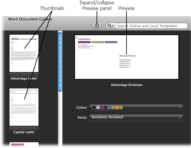 Click the Expand button to open the template preview pane in the Gallery. Some templates, like this envelope, give you the option to change the colors and fonts for your document. Actually, what you’re doing is choosing a theme. You’ll learn about themes in the next section.