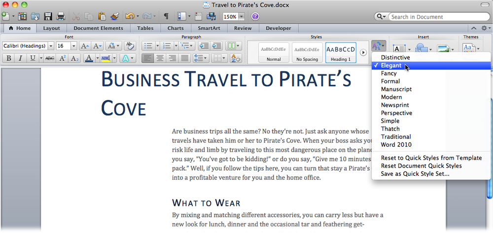 Use the Quick Styles menu to change the settings for several paragraph styles at once. In this example, the Elegant Quick Style changed the look of the Title, Normal, Heading, 1 and Heading 2 styles. The hanging title and wide left margin give the document a dramatically different look.