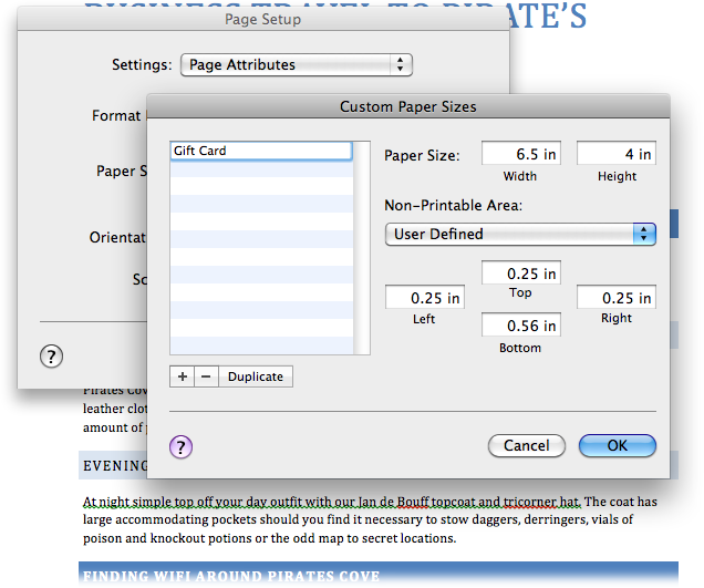 There’s a slim chance you need a paper size that’s not already on Word’s list. If that’s the case, go to File→Page Setup and using the Paper Size menu, open the Custom Paper Sizes box shown here.