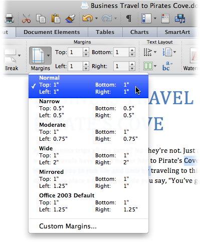 The Margins menu provides some standard settings such as the ever popular one inch all the way around. Word calls this favorite of businesses and schools the Normal margin. If you’ve customized your margins, your most recent settings appear at the top of the menu.