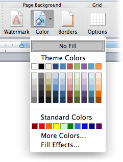 Use this menu to change the background color for your pages. The Theme Colors for your document are shown at the top of the list, but you can click More Colors for different options or Fill Effects to create multicolor gradients.