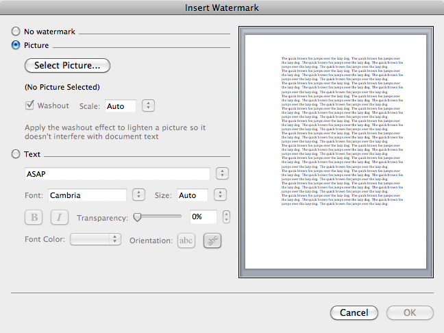 The Insert Watermark box gives you three radio buttons, “No watermark”, Picture and Text. Click a button to activate the settings for that option—the unrelated settings are grayed out.