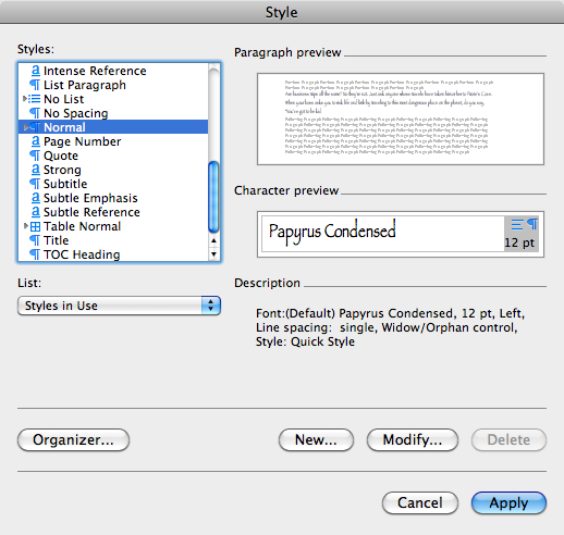 The Style box displays a list of fonts. Select one of the fonts in the list and previews of the paragraph and character appear on the right. Buttons at the bottom of the box let you create new styles, modify existing styles, or delete styles from the list.