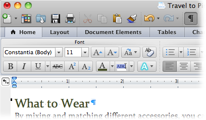 The Font group on the Home tab holds most of the common character formatting commands. Choices you make here apply to text you’ve selected (like the word “sights” in this example). If you don’t see the command you need, in the lower-right corner, click the dialog box launcher to open the Font dialog box (Figure 3-42).