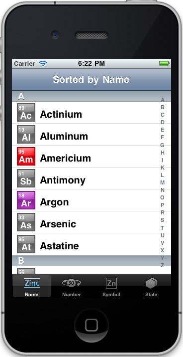 TheElements app running in iOS Simulator