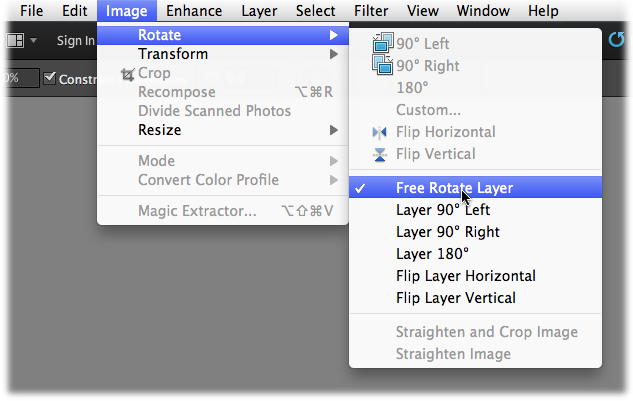 In a Missing Manual, when you see a sentence like “Image→Rotate→Free Rotate Layer,” that’s a quicker way of saying, “Go to the menu bar, click Image, slide down to Rotate, and then, from the pop-up menu, choose Free Rotate Layer.”