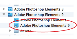 If you have a Mac and for some reason you want to see the Welcome screen, go to Applications→Adobe Photoshop Elements 9, and you see two very similar icons. Double-click the one that’s third from the top here (which is called just “Adobe Photoshop Elements”) to launch the Editor. Double-click the one with the curved black arrow on it (circled here) to bring up the Welcome Screen.