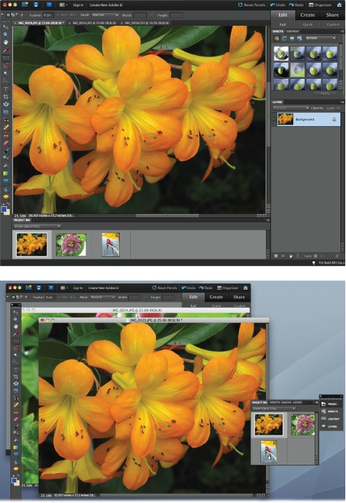 Two different ways of working with the same images, panels, and tools. You can use any arrangement that suits you.Top: The panels in the standard Elements arrangement, with the images in the regular tabbed view (page 101).Bottom: This image shows how you can customize your panels. Here, the Project bin has been combined with other floating panels and the whole group is collapsed to icons. Click a panel’s icon and that panel pops out so you can work with it, like the Project bin here. The images here are in floating windows (page 101).