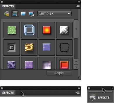 You can free up even more space by collapsing panels accordion-style once they’re out of the bin.Top: A full-sized panel.Bottom left: A panel collapsed by double-clicking where the cursor is.Bottom right: The same panel collapsed to an icon by double-clicking the very top of it (where the cursor is here) once. Double-click the top bar again to expand it.