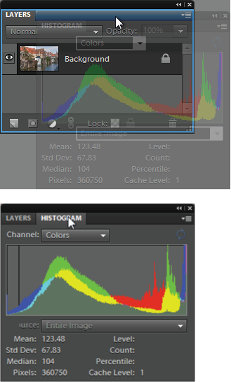 You can combine two or more panels once you’ve dragged them out of the Panel bin.Top: Here, the Histogram panel is being pulled into, and combined with, the Layers panel. To combine panels, drag one of them (by clicking on the panel’s name tab) onto the other panel. When the moving panel becomes ghosted and you see the blue outline shown here, they’ll combine as soon as you let go of your mouse button. (You can also make a vertical panel group where one panel appears above another by letting go when you see a blue line at the bottom of the of the host panel, instead of an outline all the way around it like you see here.)Bottom: To switch from one panel to another after they’re grouped, just click the tab of the one you want to use. To remove a panel from a group, simply drag it out of the group. If you want to return everything to how it looked when you first launched Elements, click Reset Panels (not visible here) at the top of your screen.