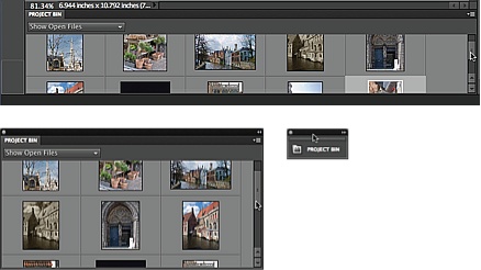 The Project bin runs across the bottom of the Editor’s screen. It holds a thumbnail of every photo you have open, as well as photos you’ve sent over from the Organizer that are waiting to be opened. Here you see the bin three ways: as it normally appears (top), as a floating panel (bottom left), and collapsed to an icon (bottom right). You can also click the Close button (in Windows, that’s the X at its upper right; on a Mac, it’s the dot at its upper left), or right-click its tab and then choose Close to hide it completely. To bring it back, go to Window→Project bin.