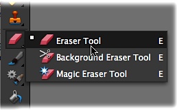 Like any good toolbox, Elements’ Tools panel has lots of hidden drawers tucked away in it. Many Elements tools are actually groups of tools, which are represented by tiny black triangles on the lower-right side of the tool’s icon (you can see several of these triangles here). Right-clicking or holding the mouse button down when you click the icon brings out the hidden subtools. The little white square to the left of the regular Eraser tool here indicates that it’s the active tool right now.