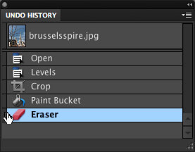 For a little time travel, just slide the pointer on the left (it’s below the cursor here) up and watch your changes disappear. You can only go back sequentially. Here, for instance, you can’t go back to the Crop tool without first undoing what you did with the Paint Bucket and the Eraser. Slide the pointer down to redo your work. You can also hop to a given spot in the list by clicking the place where you want to go instead of using the slider.