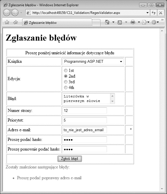 Kontrolka RegularExpressionValidator w działaniu