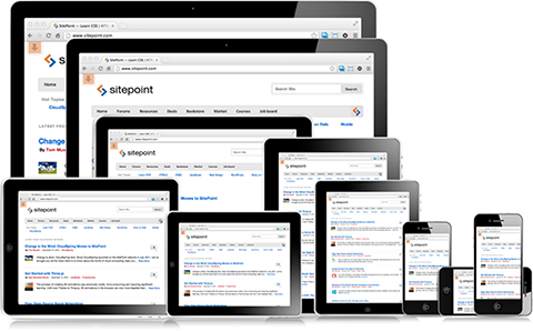 The SitePoint website across one laptop, two desktops, three iPhones, and four iPads