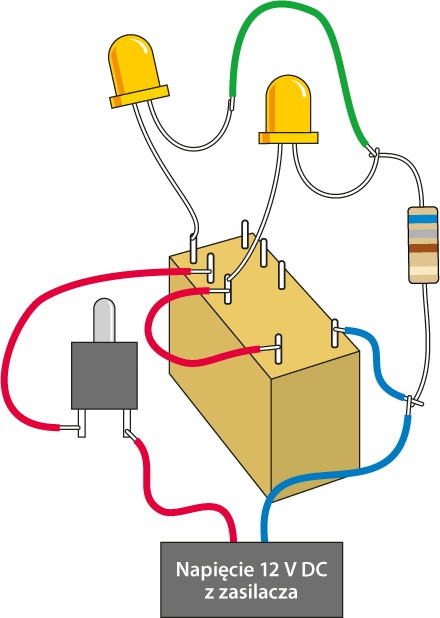 Mała poprawka poprzedniego układu sprawia, że pod dostarczeniu energii przekaźnik zaczyna oscylować