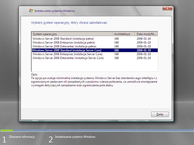 Wybieranie wersji Server Core