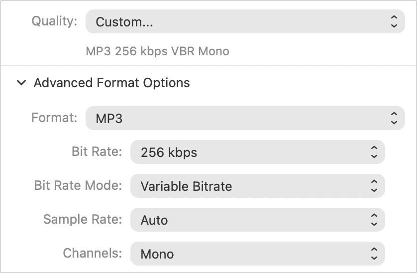 Figure 80: The Recorder block lets you choose from a number of custom recording options, including format, bit rate, and more.