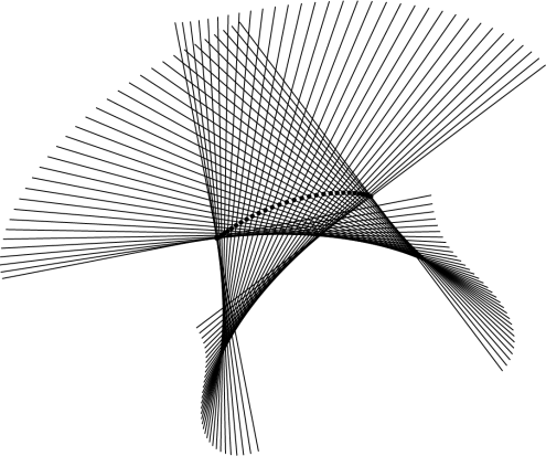 Figure showing intersection of lines: two families of lines are shown; the intersections of corresponding line pairs are marked by black boxes. For each intersection, a 2 × 2 linear system has to be solved.