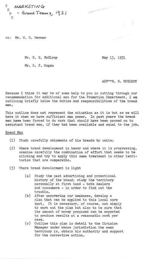 Neil McElroy’s pivotal “brand man” memo from 1931.