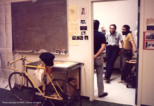 PARC researchers in 1972, two years after founding. PARC’s office spaces were filled with people from different disciplines, allowing for different thinking about computing in general.Image courtesy of PARC Research; used with permission.