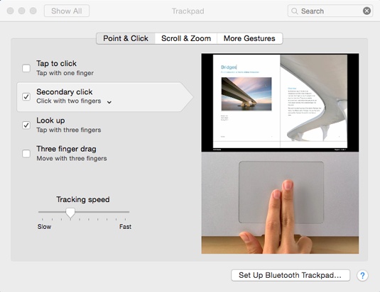 The Trackpad pane of System Preferences looks different depending on your laptop model. But this one shows the three ways to get a “right-click.”