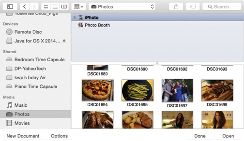 The Media Browser is built right into the Open box. You get miniature listings of your iTunes, iPhoto, and movie files right in the Sidebar, for convenience in importing them into (for example) Keynote, PowerPoint, or a Web design program.