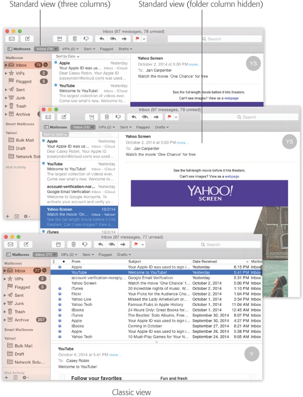 Mail can have several different layouts. In the standard three-column view (top), all your mailboxes are grouped tidily in the far-left column. You can hide that column, though, so that you have more space for reading (middle). You can also opt for an old-school layout (bottom), in which the messages list is above the message body.