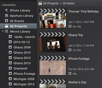 The easiest way to see every project in every event in every library in iMovie is to choose, well, All Projects in the Libraries list.