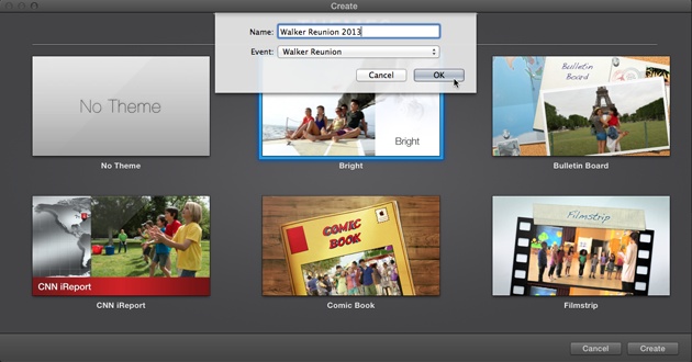To create a new project, you first choose a theme and then click Create. Once you do, iMovie asks you to name your project and choose the event where iMovie should store it. Click OK and the project appears inside that event.